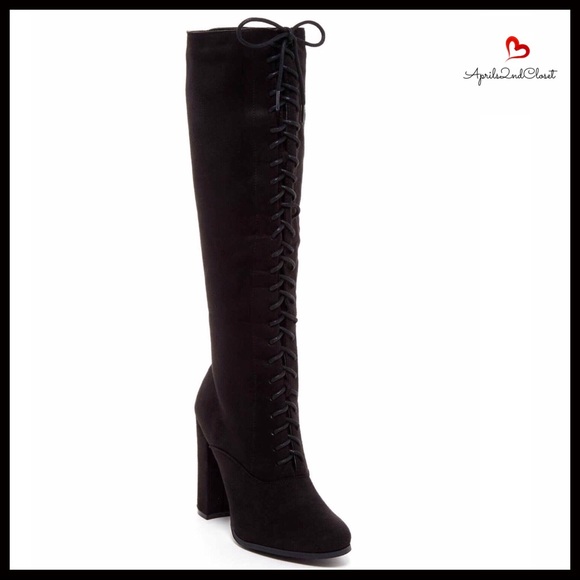 TALL KNEE HIGH VEGAN SUEDE LACE-UP BOOTS - Picture 7 of 8